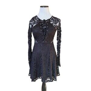 Black Lace Crochet Corset Mini Dress Size S Whimsy Goth Boho Dark Coquette Witch